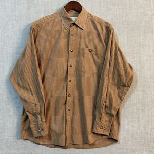 Orvis Mens Large Rust Tan Micro Check Plaid Button Down Shirt 100% Cotton